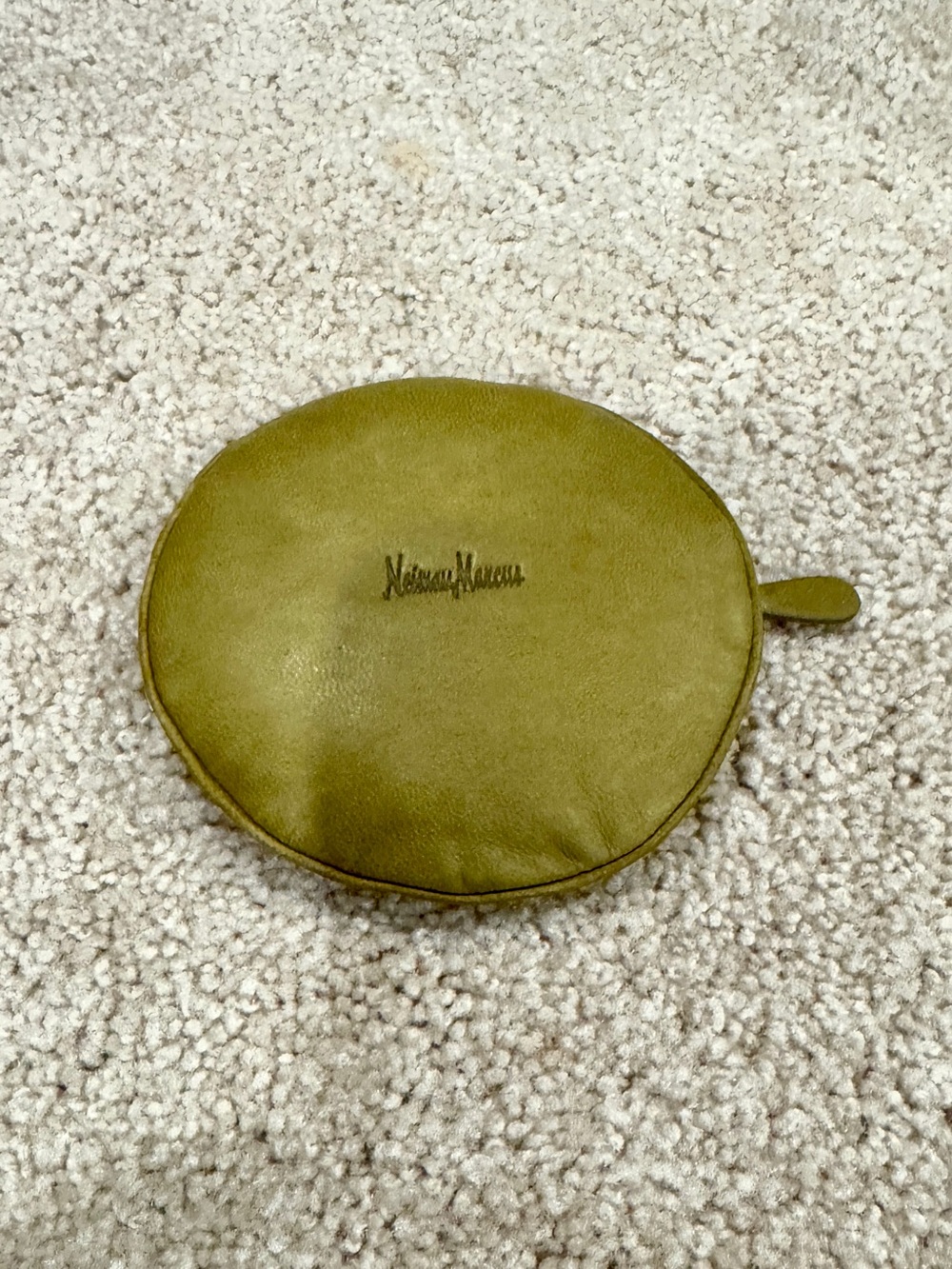 Neiman Marcus Olive Leather Round Coin Zip Pouch